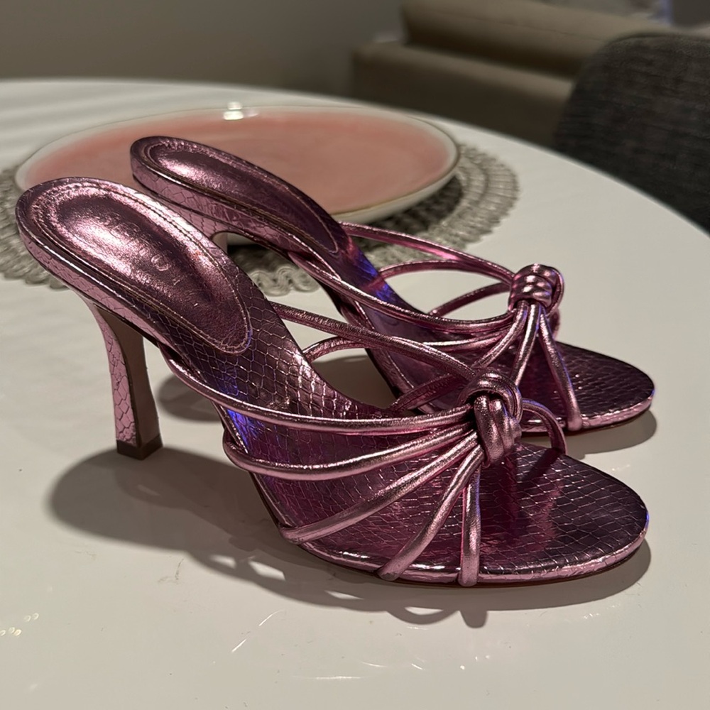 Schutz pink metallic slip on sandals